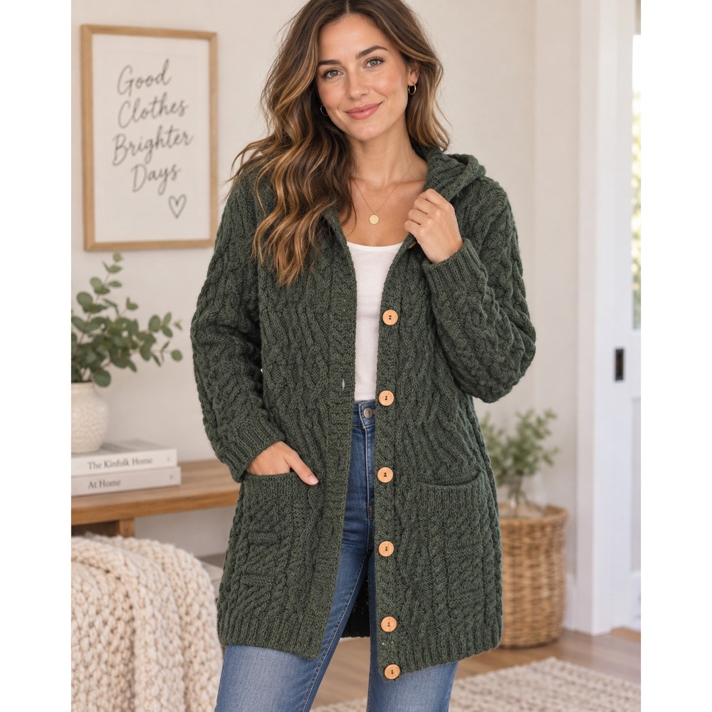 Aran Woollen Mills Ireland 100% Merino Wool Hooded Cable Knit Cardigan Green SM
